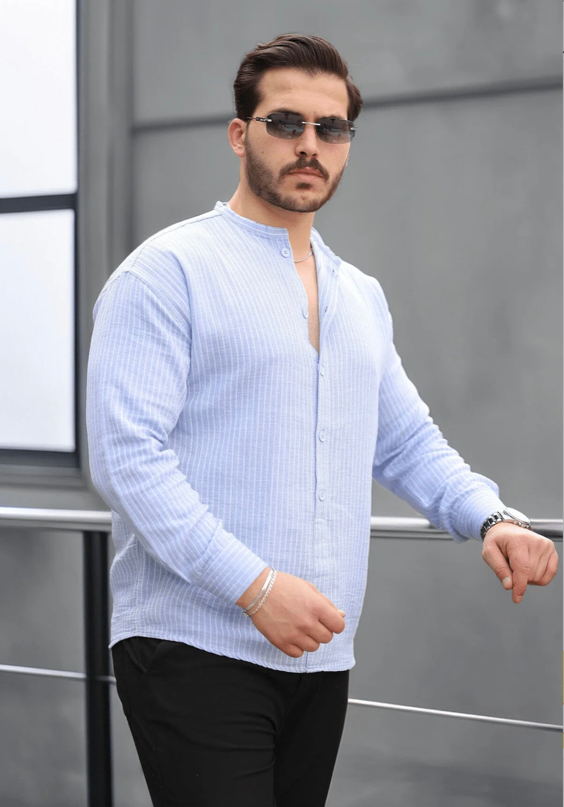 Men’s Striped Popover Shirt with Band Collar, 100% Cotton