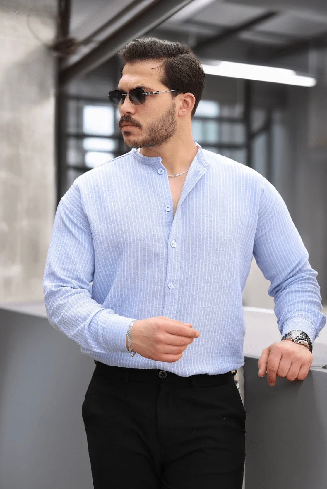 Men’s Striped Popover Shirt with Band Collar, 100% Cotton