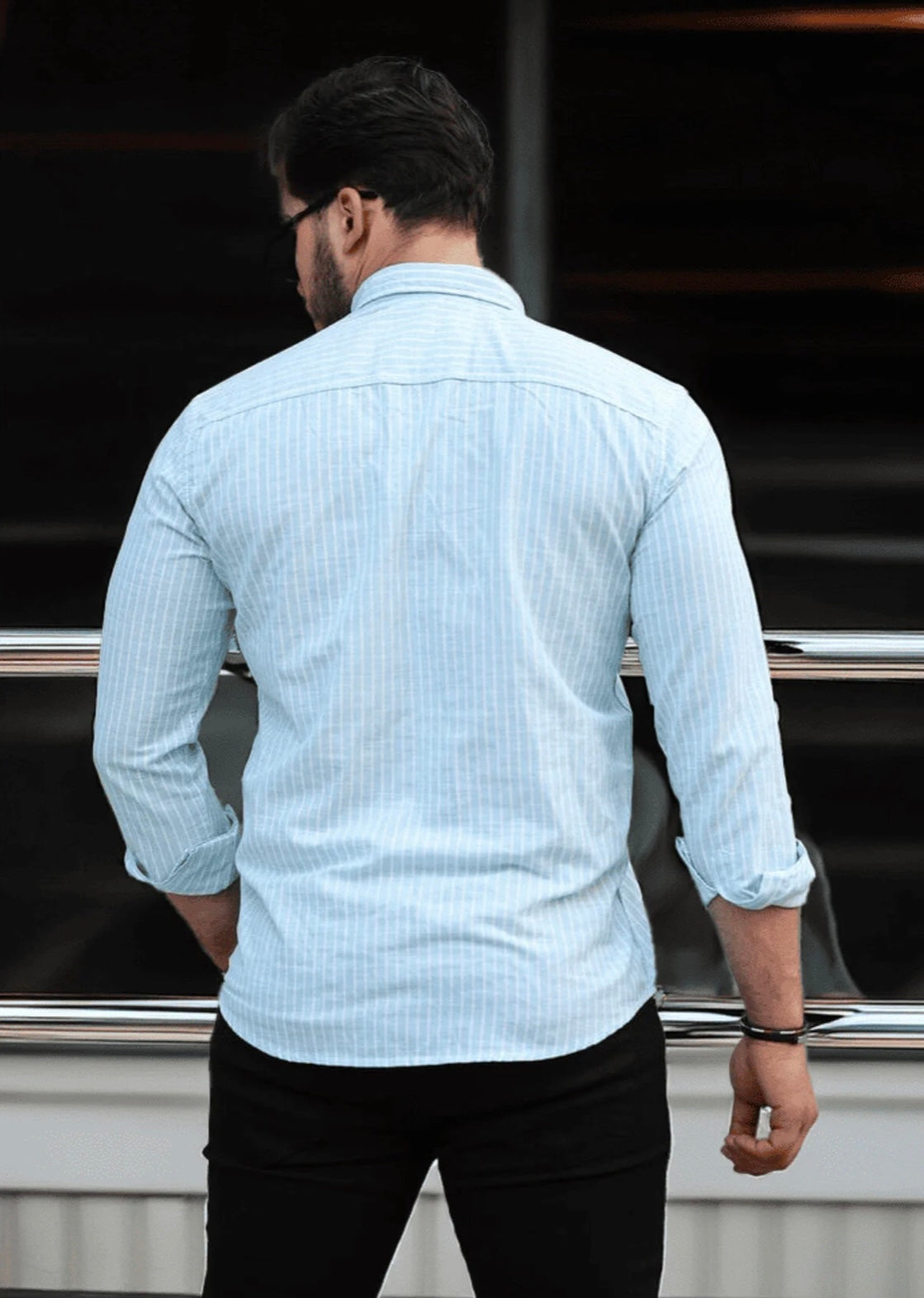 Men’s 100% Cotton Light Blue & White Striped Long Sleeve Shirt