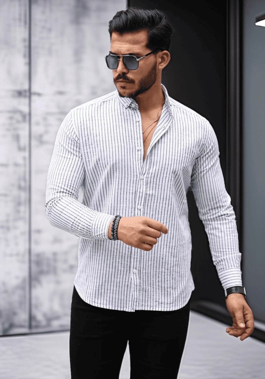 Men’s 100% Cotton White & Grey Striped Long Sleeve Shirt