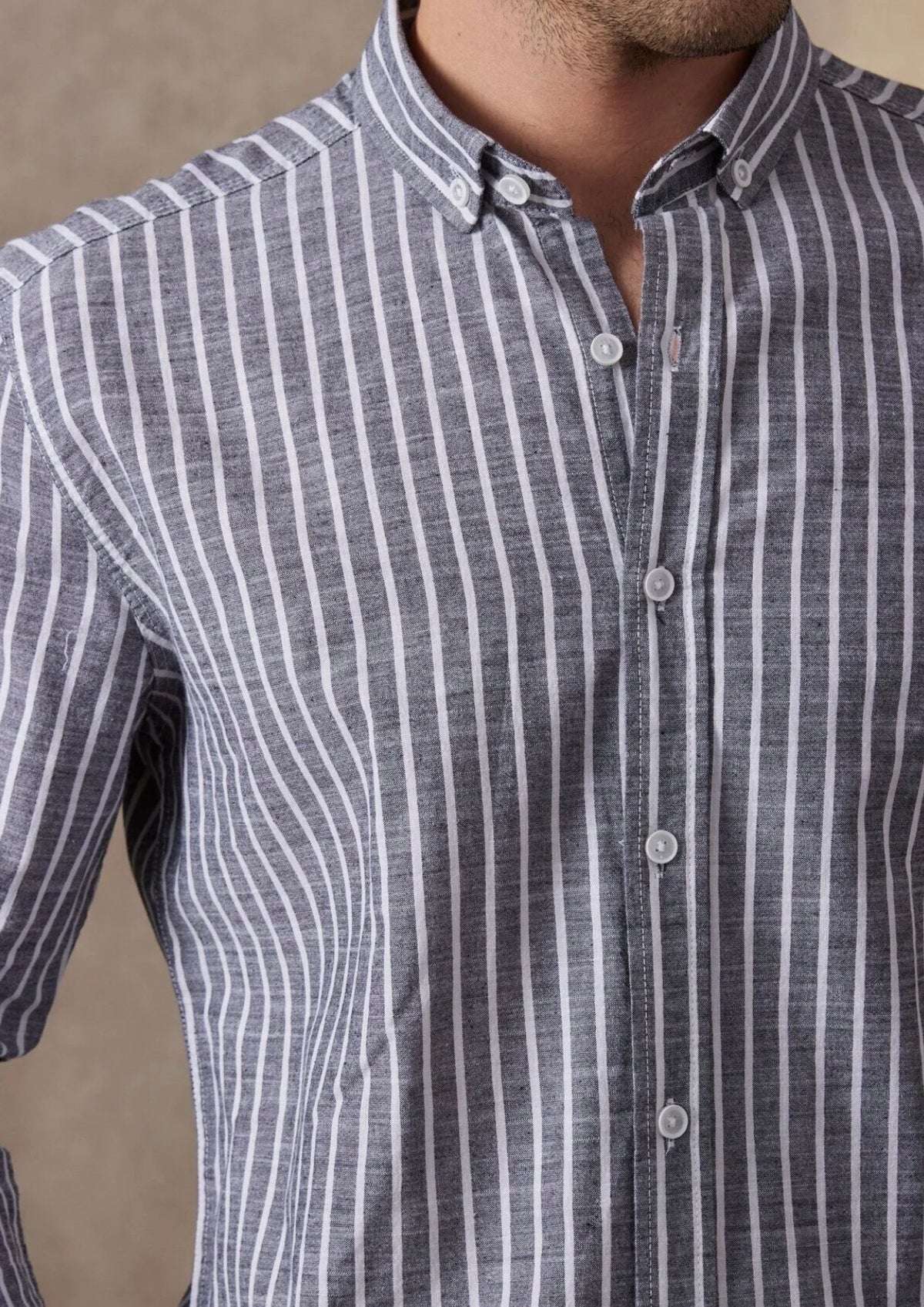 Men’s 100% Cotton Dark Grey & White Striped Long Sleeve Shirt