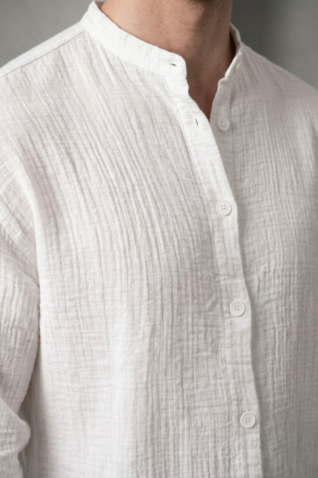 Men’s 100% Cotton White Mandarin Collar Long Sleeve Shirt
