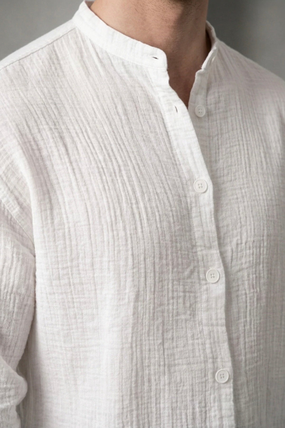 Men’s 100% Cotton White Mandarin Collar Long Sleeve Shirt