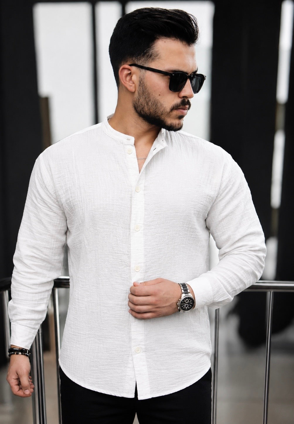 Men’s 100% Cotton White Mandarin Collar Long Sleeve Shirt