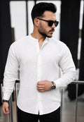 Men’s 100% Cotton White Mandarin Collar Long Sleeve Shirt