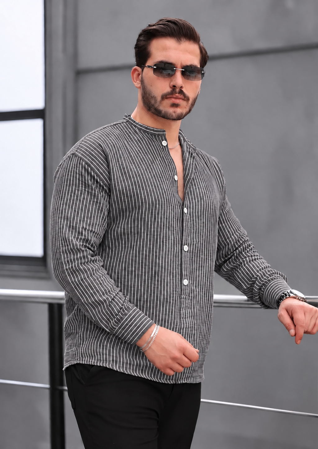 Men’s Grey Popover Shirt with White Stripes and Band Collar, 100% Cotton