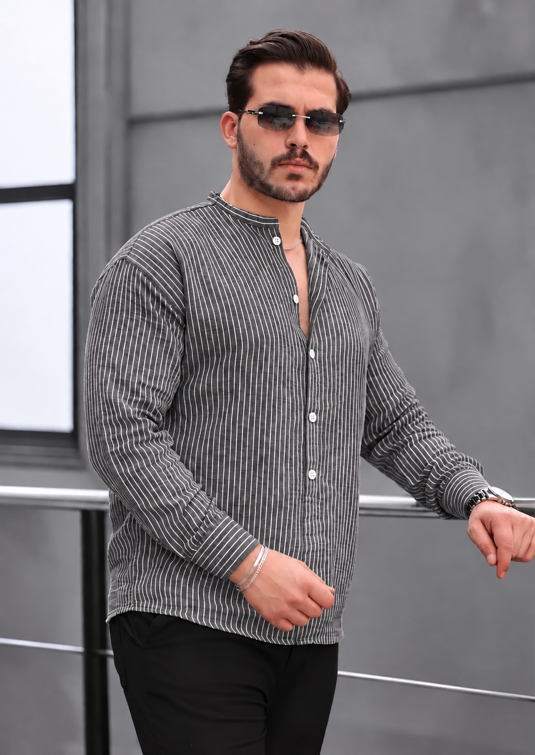 Men’s Grey Popover Shirt with White Stripes and Band Collar, 100% Cotton