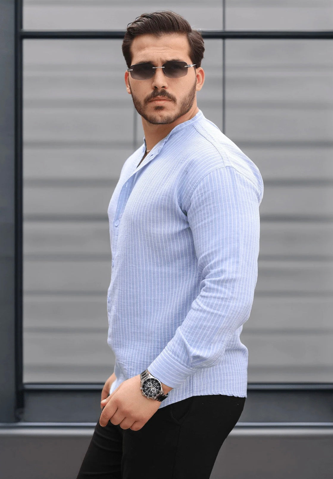 Men’s Striped Popover Shirt with Band Collar, 100% Cotton