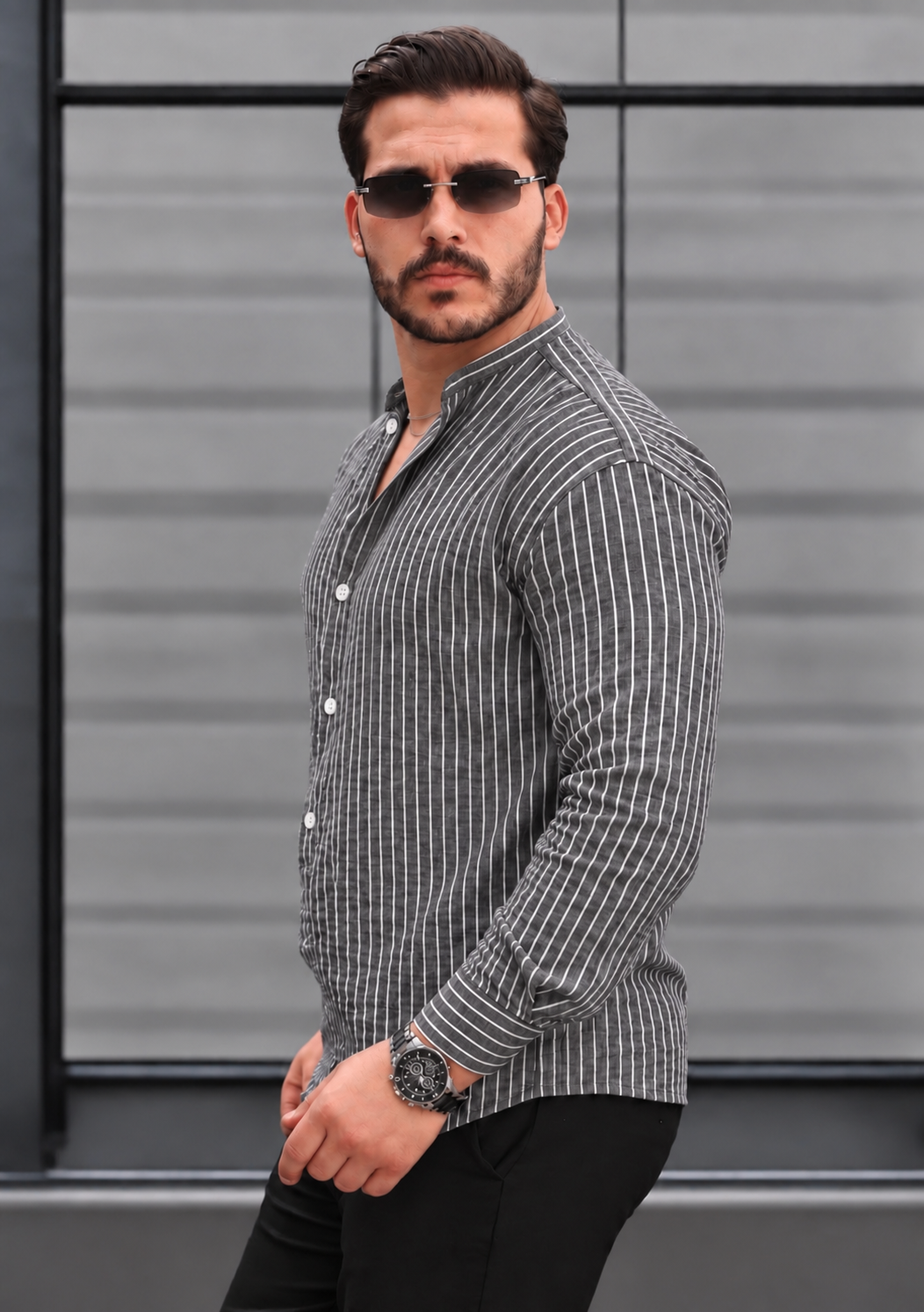 Men’s Grey Popover Shirt with White Stripes and Band Collar, 100% Cotton