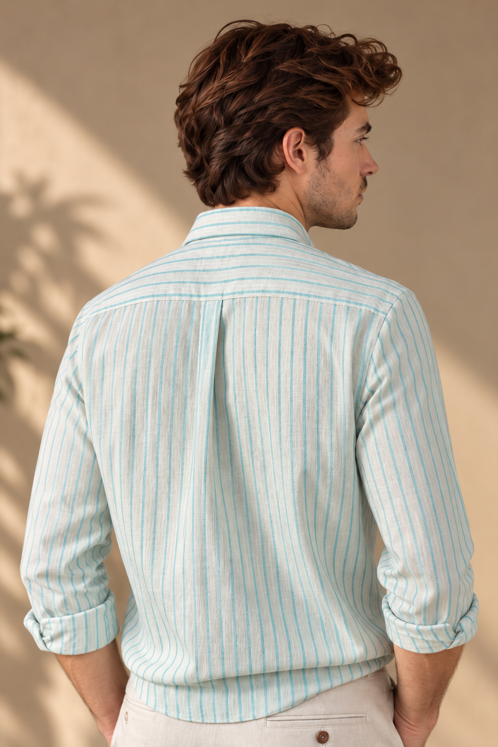 Men’s White Shirt with Turquoise Stripes, Long Sleeves, Made from 100% Cotton.