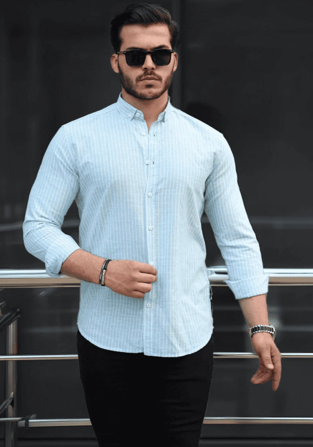 Men’s 100% Cotton Light Blue & White Striped Long Sleeve Shirt