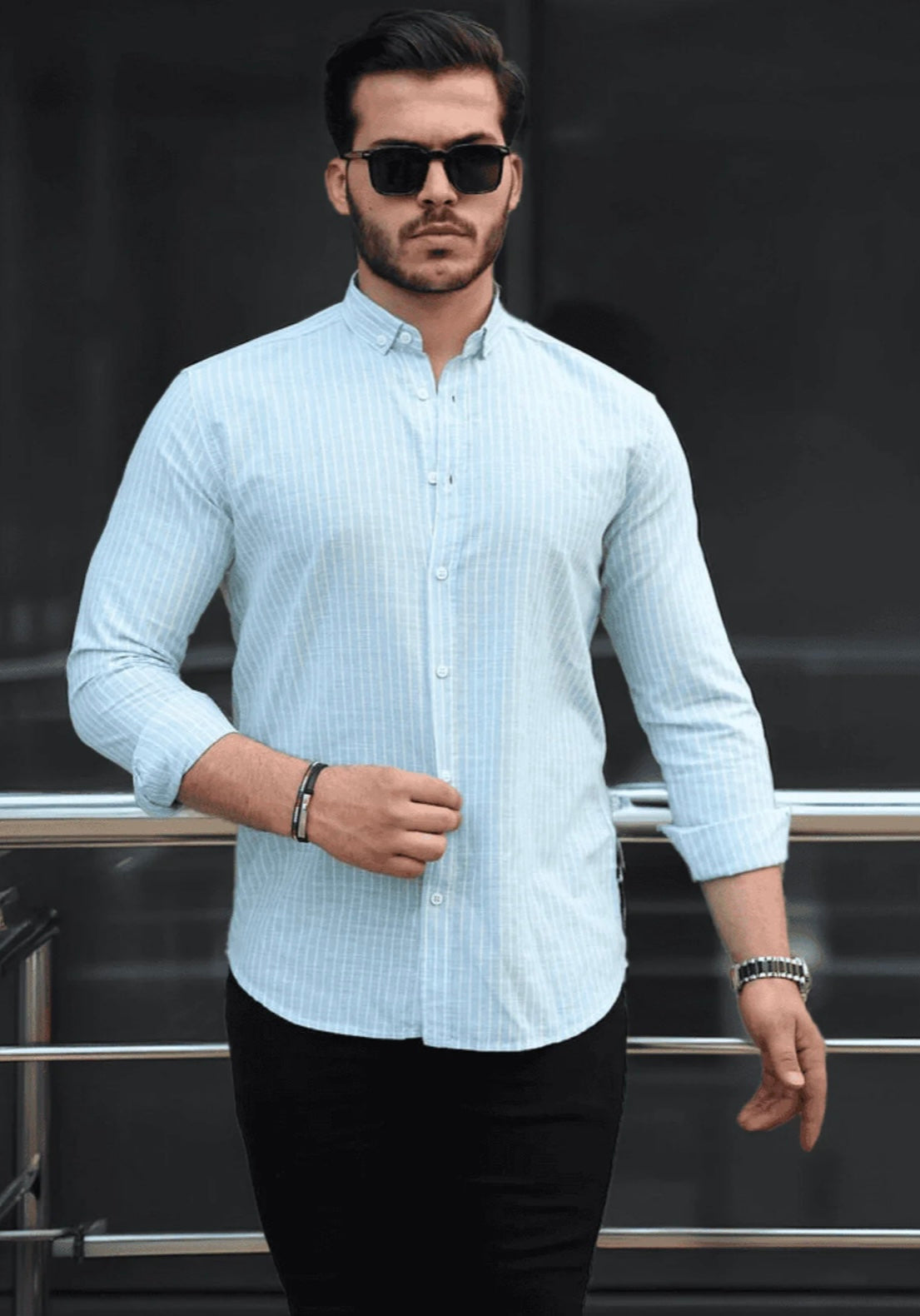 Men’s 100% Cotton Light Blue & White Striped Long Sleeve Shirt