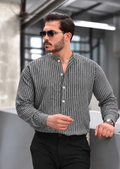 Men’s Grey Popover Shirt with White Stripes and Band Collar, 100% Cotton