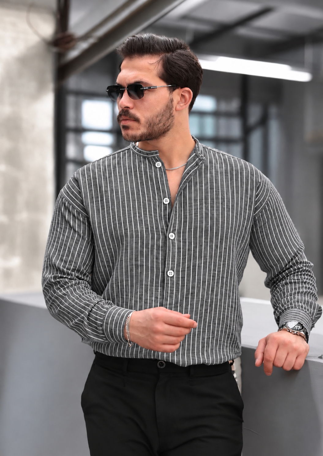 Men’s Grey Popover Shirt with White Stripes and Band Collar, 100% Cotton