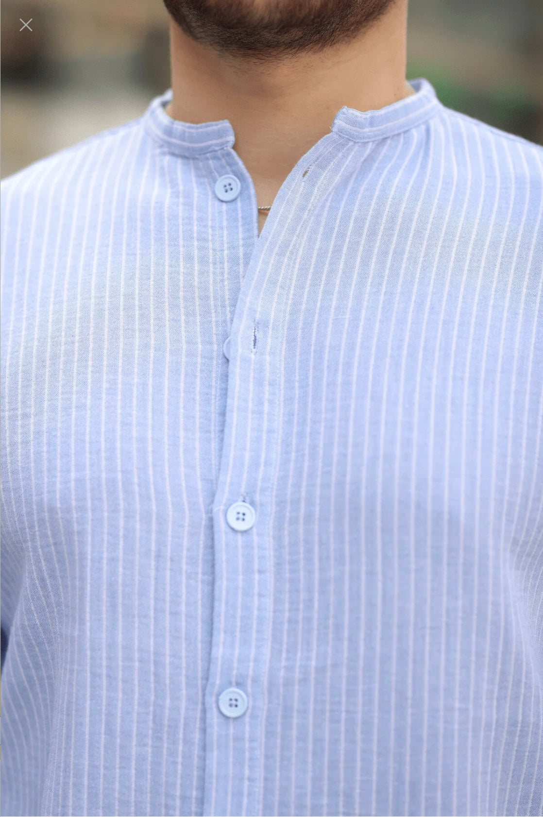 Men’s Striped Popover Shirt with Band Collar, 100% Cotton