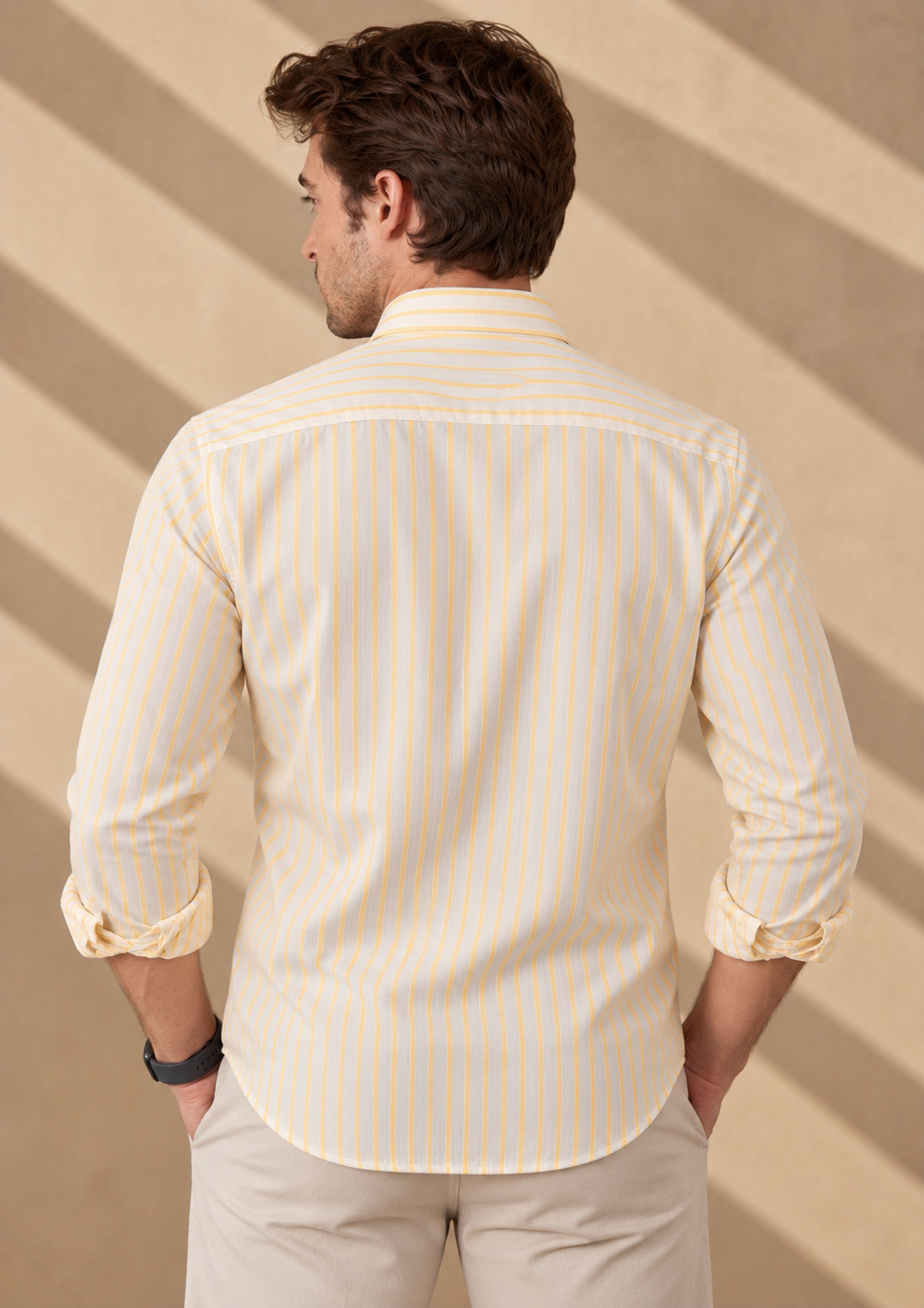 Men’s White Shirt with Yellow Stripes, Long Sleeves, Made from 100% Cotton.