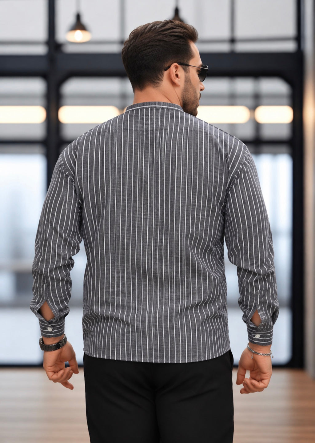 Men’s Grey Popover Shirt with White Stripes and Band Collar, 100% Cotton
