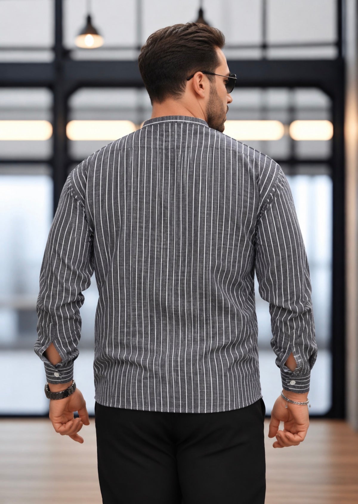 Men’s Grey Popover Shirt with White Stripes and Band Collar, 100% Cotton