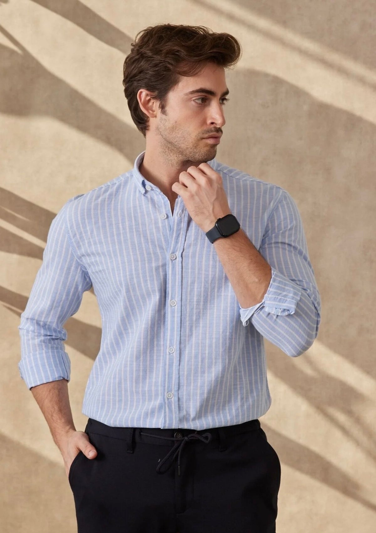 Men’s 100% Cotton Light Blue & White Button-Down Shirt