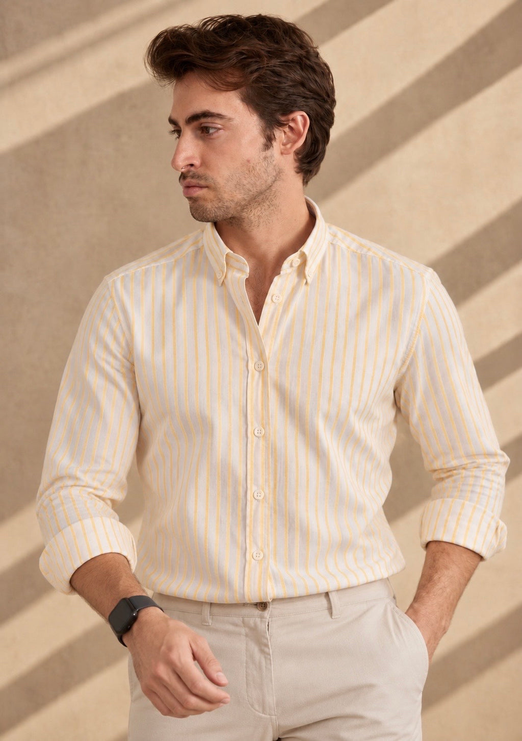 Men’s White Shirt with Yellow Stripes, Long Sleeves, Made from 100% Cotton.