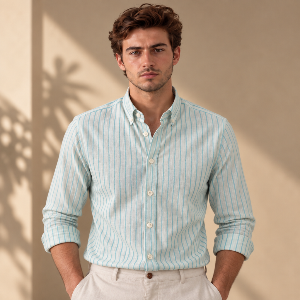 Men’s White Shirt with Turquoise Stripes, Long Sleeves, Made from 100% Cotton.