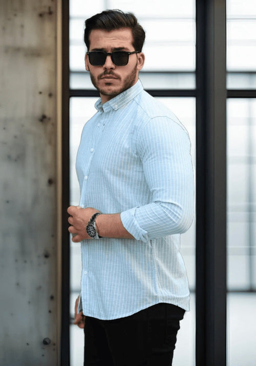 Men’s 100% Cotton Light Blue & White Striped Long Sleeve Shirt
