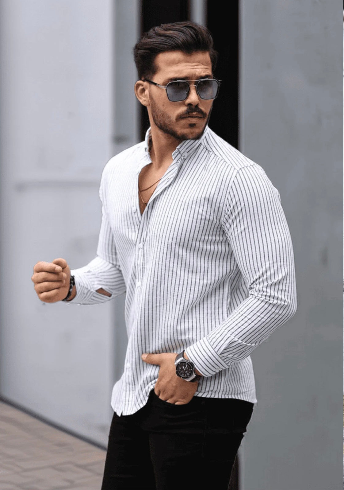 Men’s 100% Cotton White & Grey Striped Long Sleeve Shirt