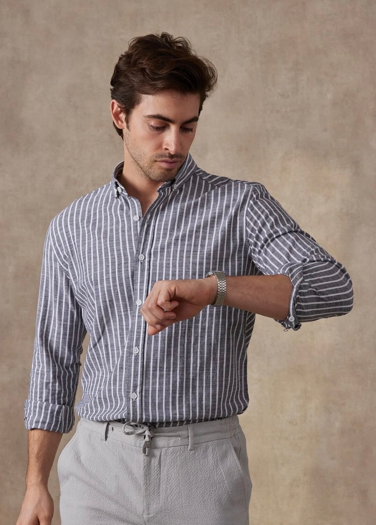 Men’s 100% Cotton Dark Grey & White Striped Long Sleeve Shirt