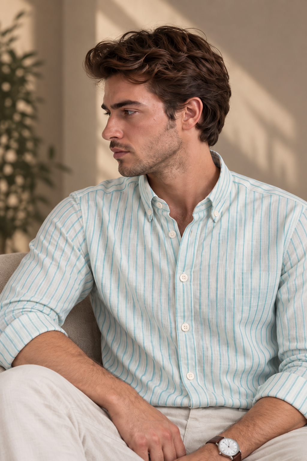 Men’s White Shirt with Turquoise Stripes, Long Sleeves, Made from 100% Cotton.