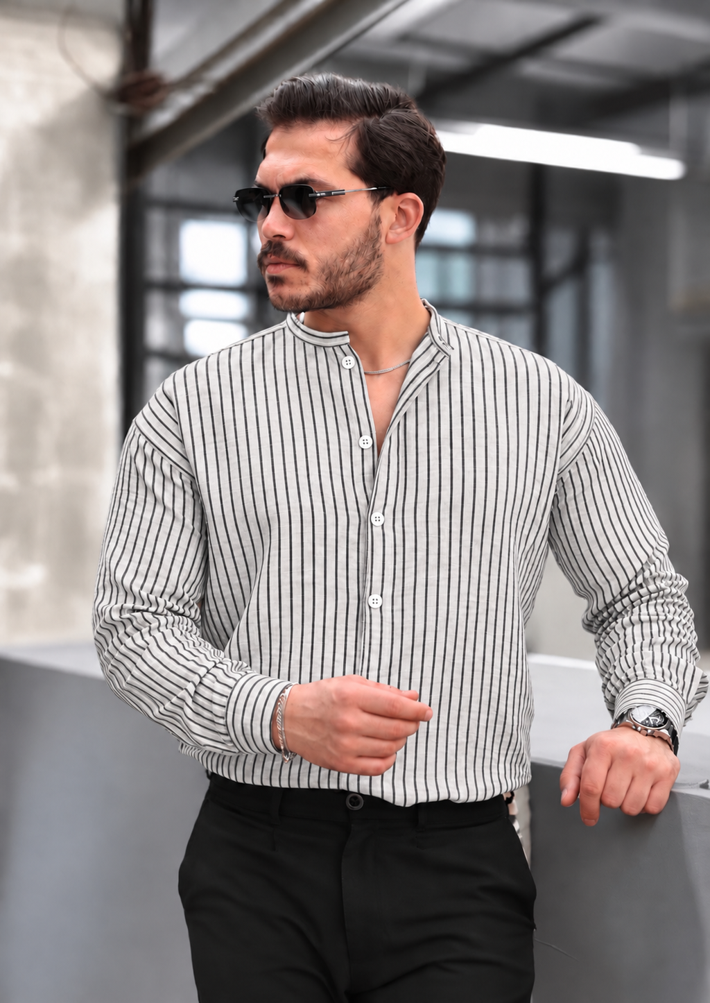 Men’s White Popover Shirt with Black Stripes and Band Collar, 100% Cotton