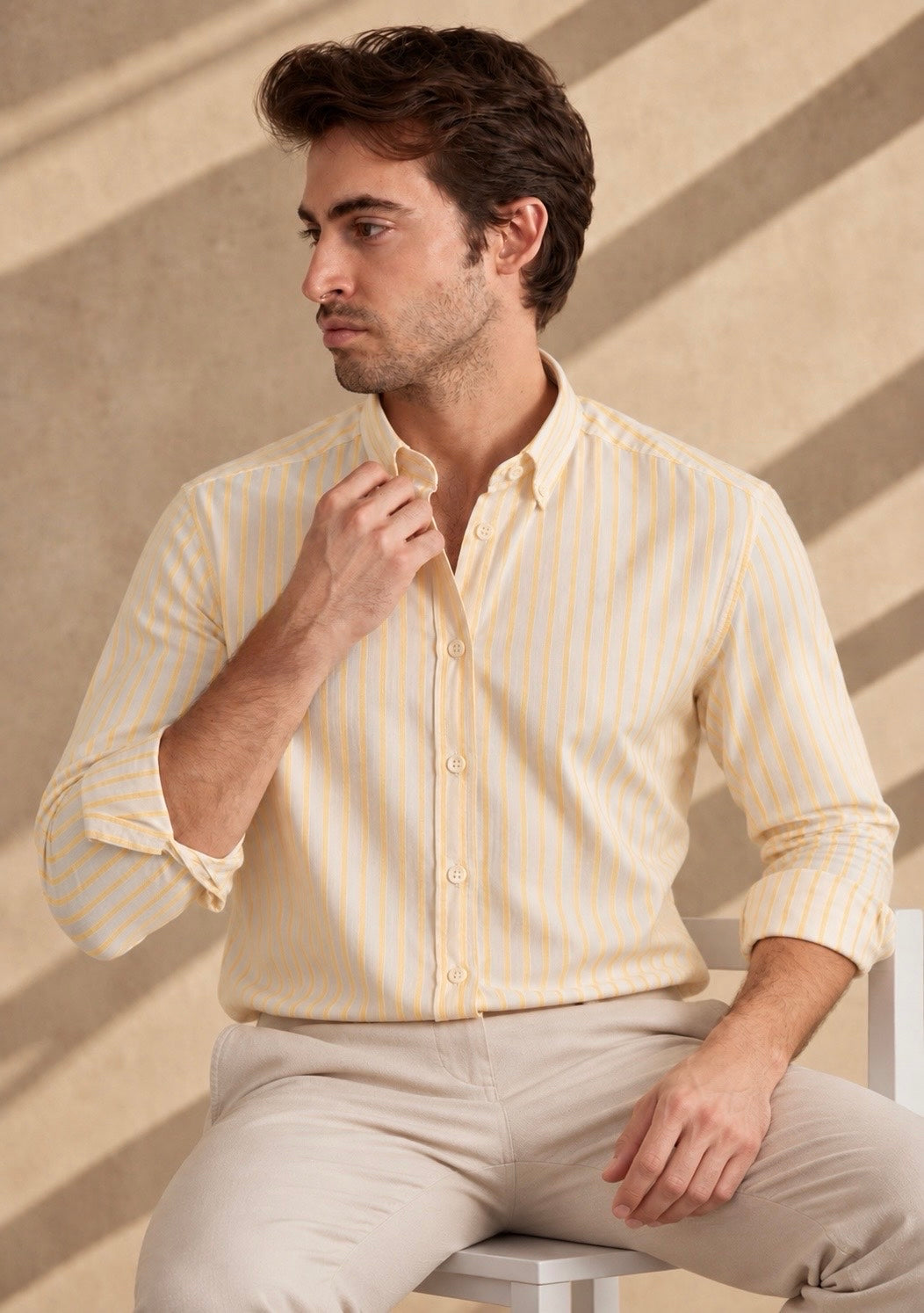 Men’s White Shirt with Yellow Stripes, Long Sleeves, Made from 100% Cotton.