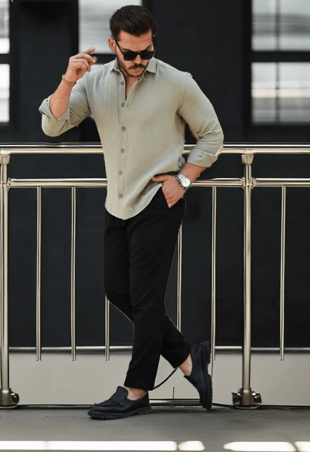 Men’s 100% Cotton Sage Green Long Sleeve Shirt