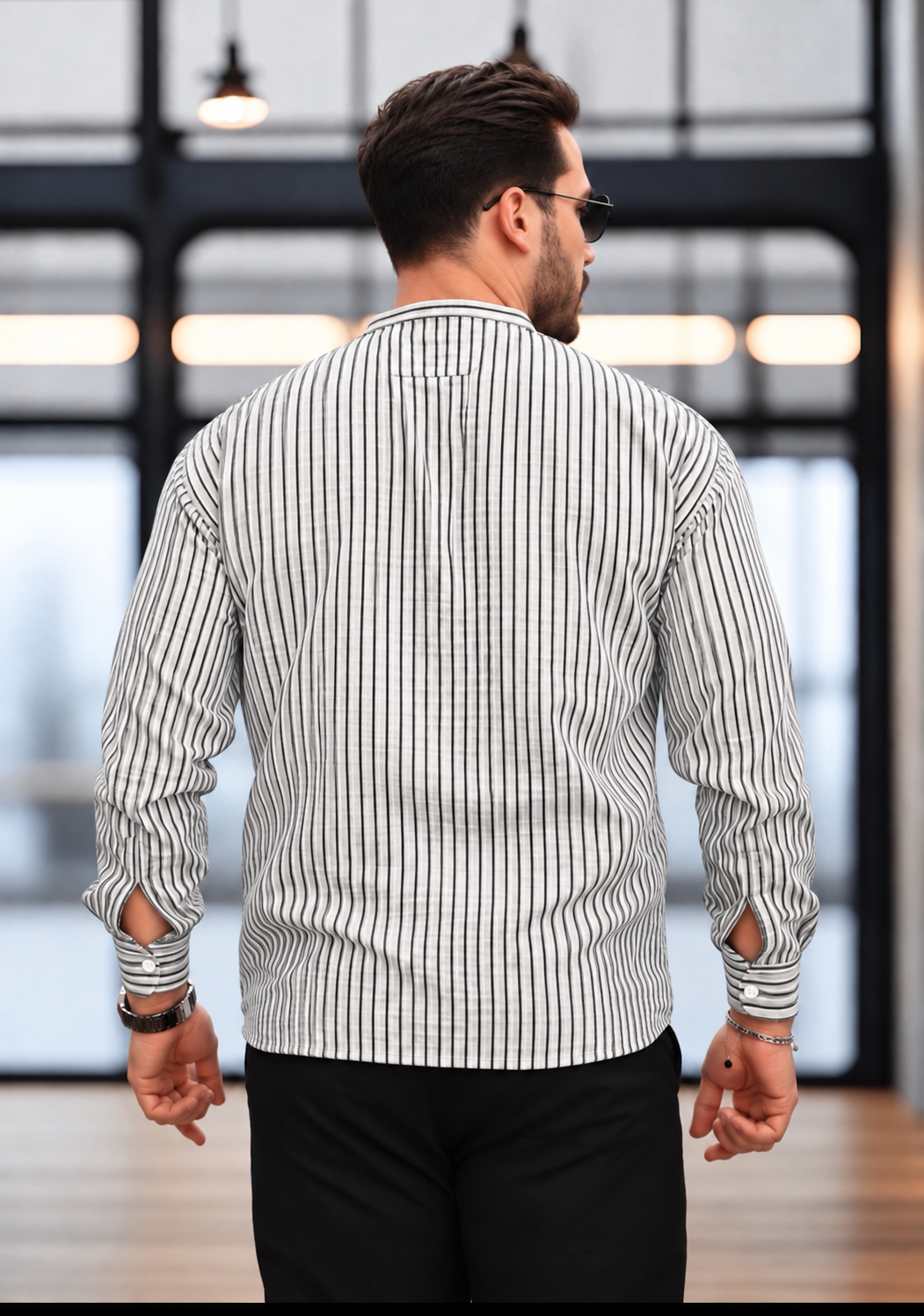 Men’s White Popover Shirt with Black Stripes and Band Collar, 100% Cotton