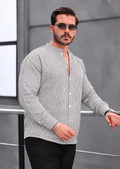 Men’s White Popover Shirt with Black Stripes and Band Collar, 100% Cotton