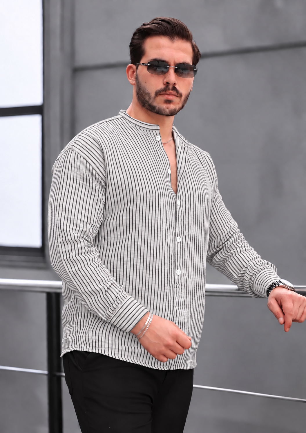 Men’s White Popover Shirt with Black Stripes and Band Collar, 100% Cotton