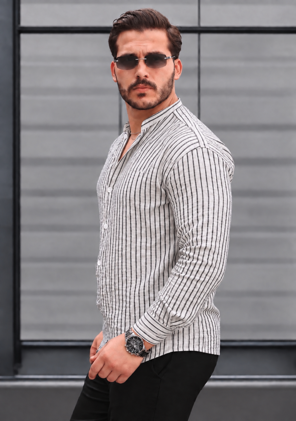 Men’s White Popover Shirt with Black Stripes and Band Collar, 100% Cotton