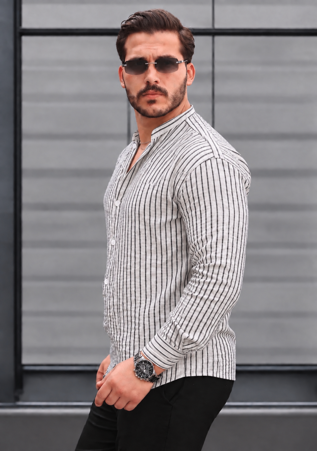 Men’s White Popover Shirt with Black Stripes and Band Collar, 100% Cotton
