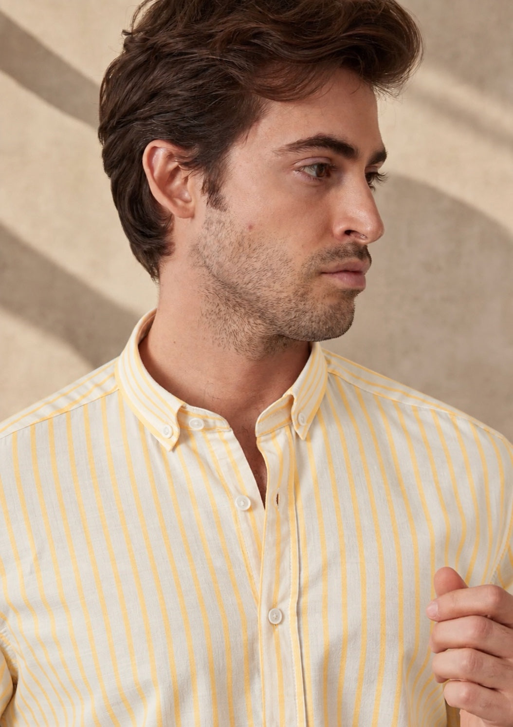 Men’s White Shirt with Yellow Stripes, Long Sleeves, Made from 100% Cotton.