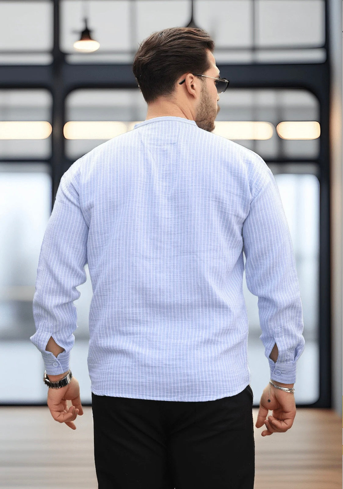 Men’s Striped Popover Shirt with Band Collar, 100% Cotton