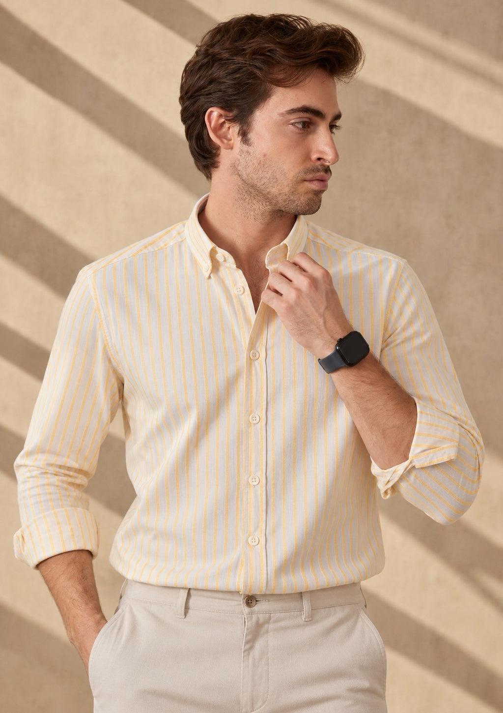 Men’s White Shirt with Yellow Stripes, Long Sleeves, Made from 100% Cotton.