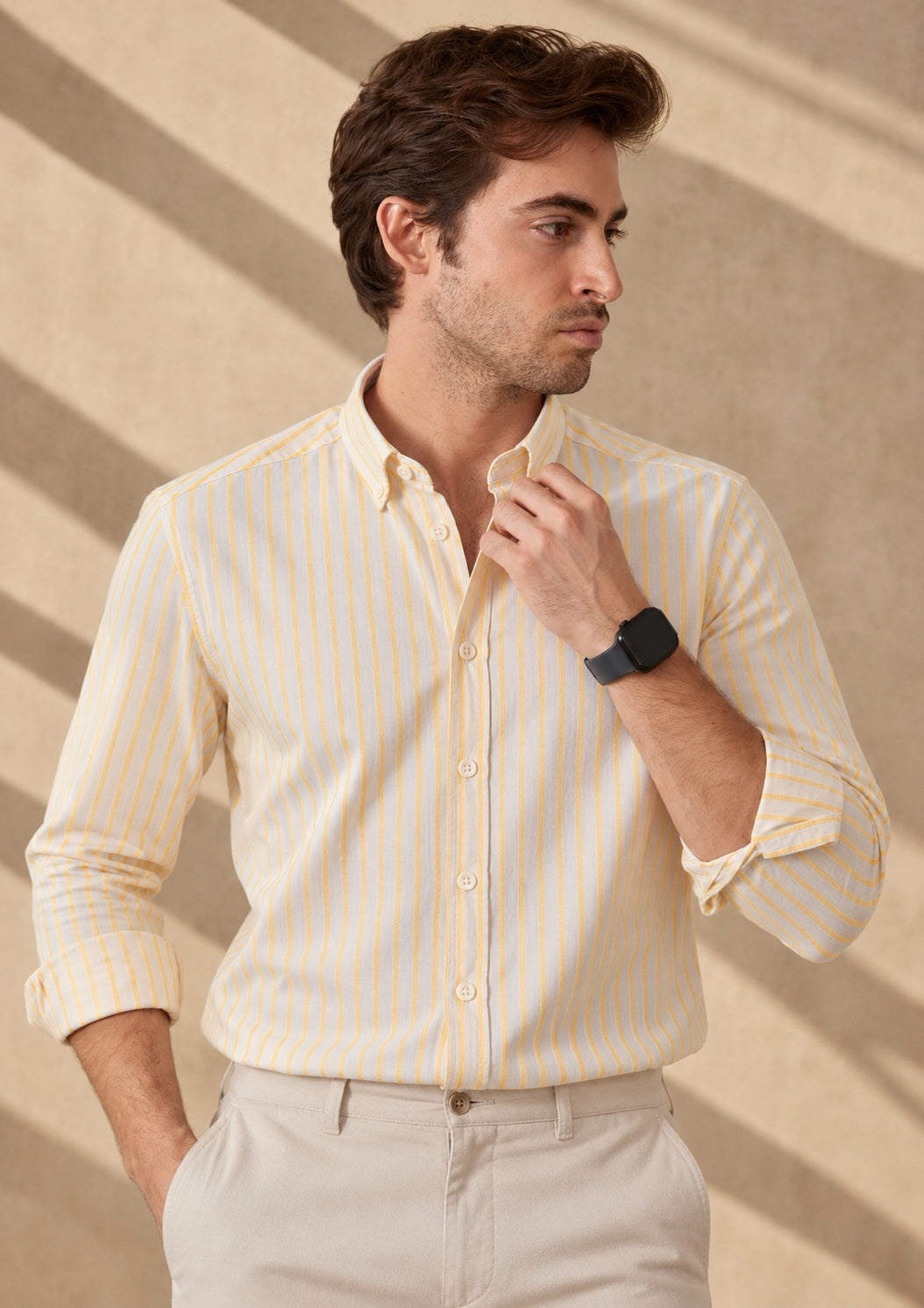Men’s White Shirt with Yellow Stripes, Long Sleeves, Made from 100% Cotton.
