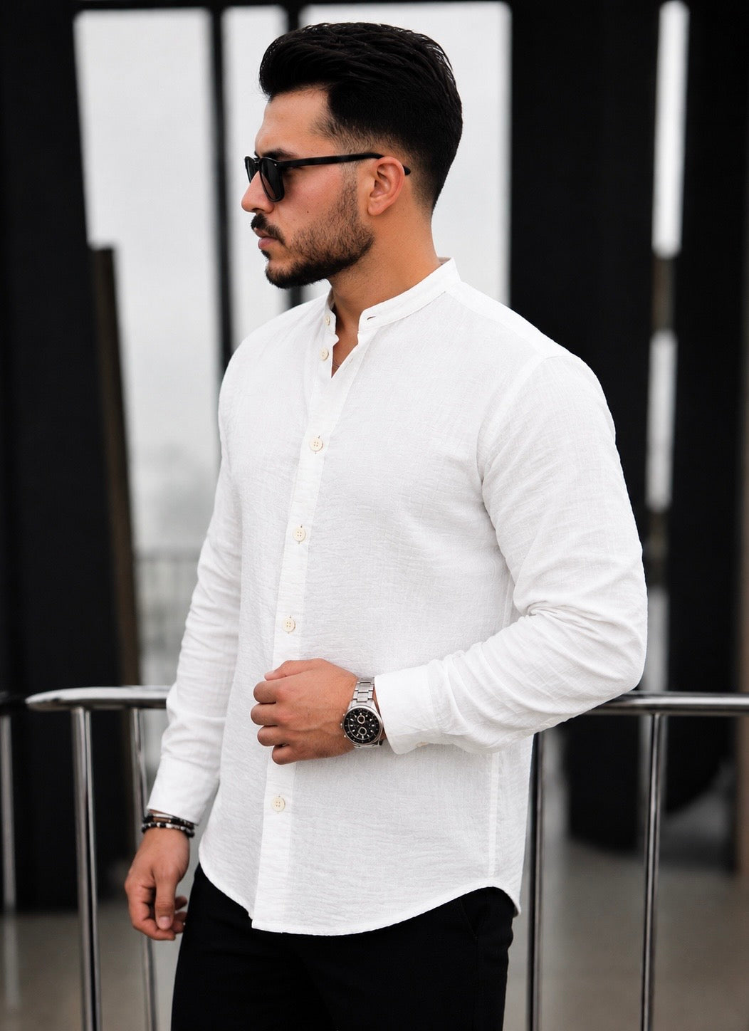Men’s 100% Cotton White Mandarin Collar Long Sleeve Shirt