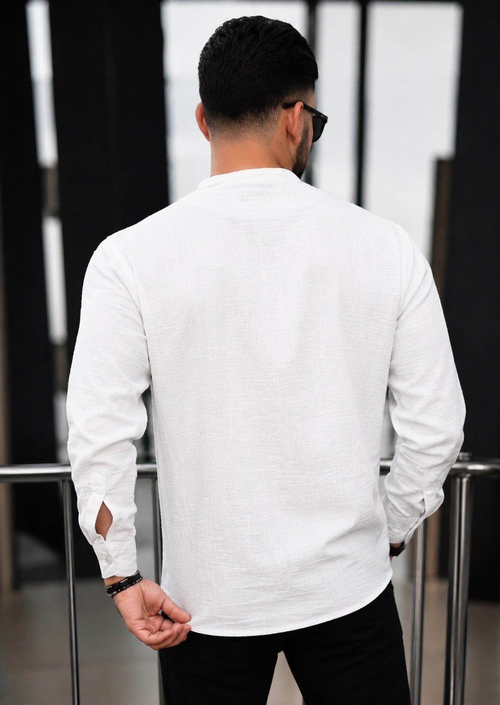 Men’s 100% Cotton White Mandarin Collar Long Sleeve Shirt