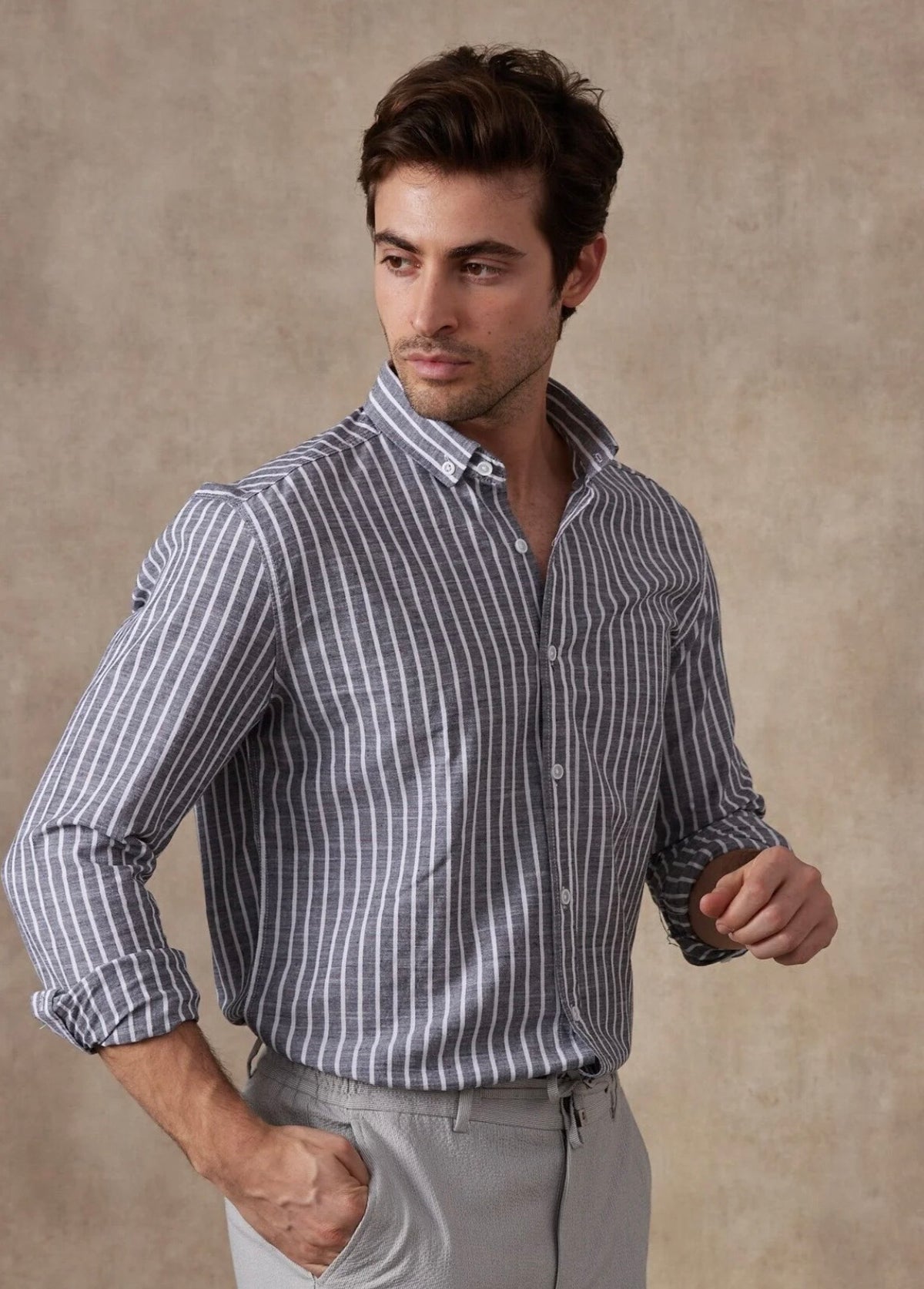 Men’s 100% Cotton Dark Grey & White Striped Long Sleeve Shirt