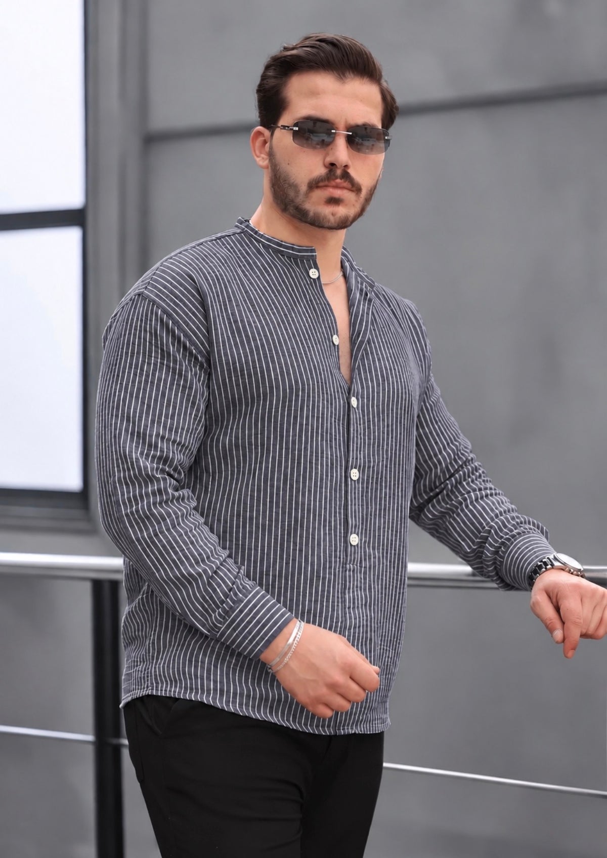 Men’s Blue-Grey Popover Shirt with White Stripes and Band Collar, 100% Cotton