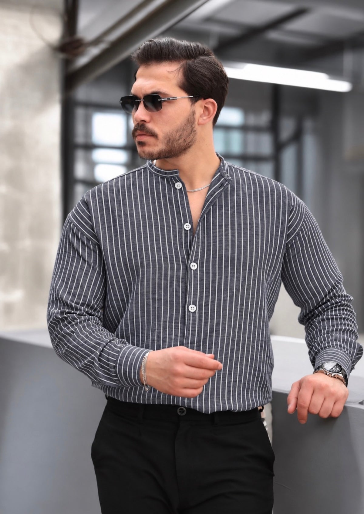 Men’s Blue-Grey Popover Shirt with White Stripes and Band Collar, 100% Cotton