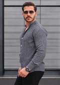 Men’s Blue-Grey Popover Shirt with White Stripes and Band Collar, 100% Cotton