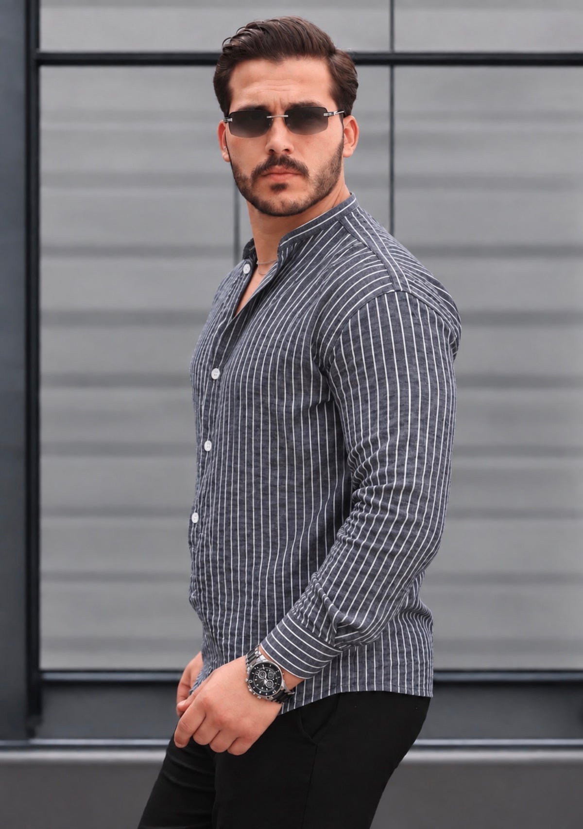 Men’s Blue-Grey Popover Shirt with White Stripes and Band Collar, 100% Cotton