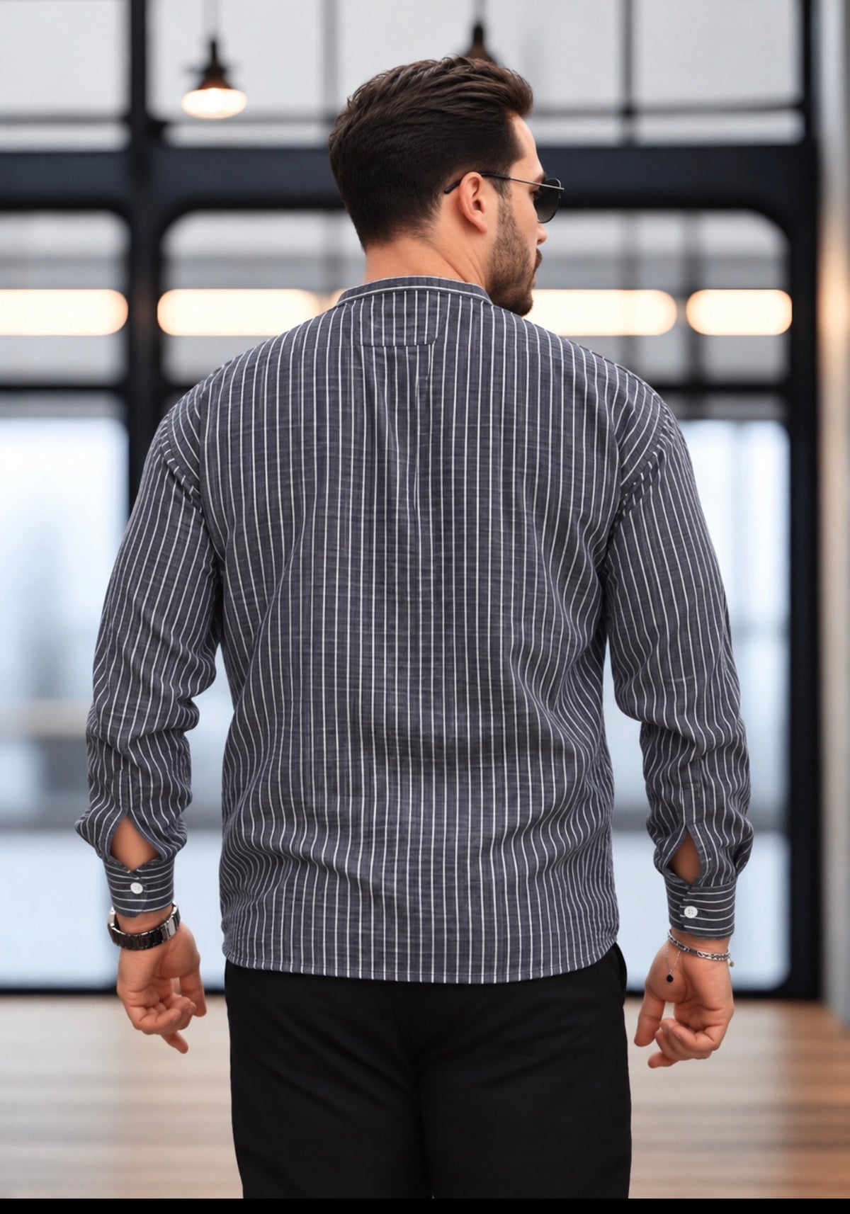 Men’s Blue-Grey Popover Shirt with White Stripes and Band Collar, 100% Cotton